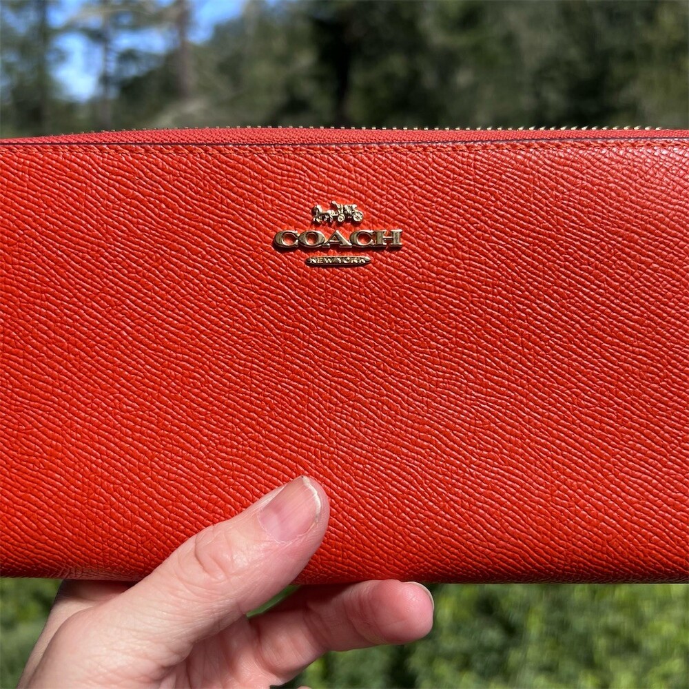COACH Long Zip-Around Crossgrain Leather Wallet RED with GOLD Hardware AUTHENTIC - Picture 4 of 13